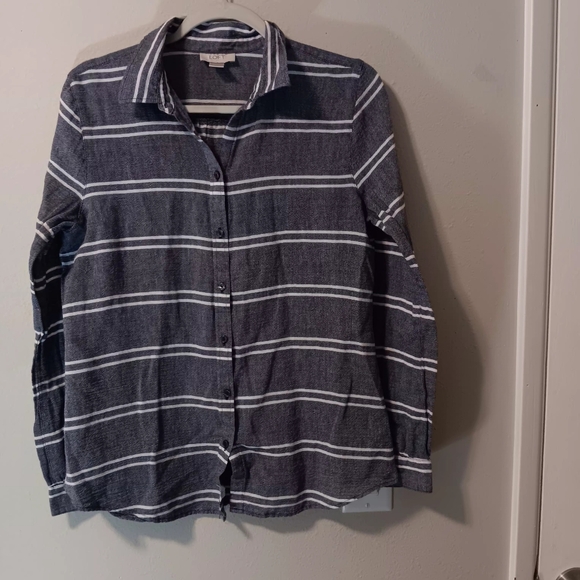 LOFT Navy and White Striped Button-Up Shirt - Picture 8 of 11